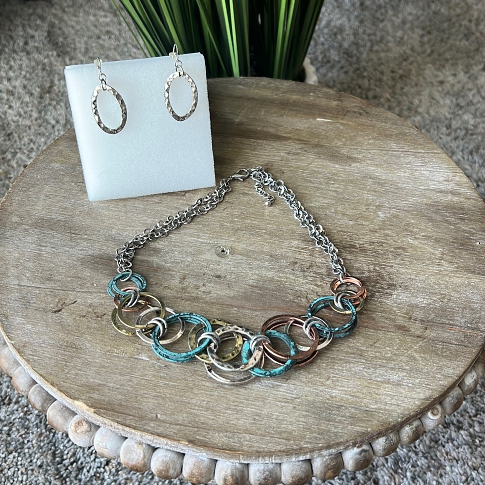 Mixed metal necklace and earrings. Never worn. Blue,copper,gold,silver.